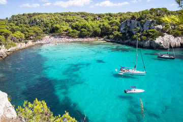 Naklejka na ściany i meble Boats and yachts on Macarella beach, Menorca, Spain