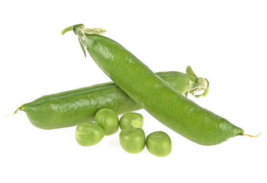 Pods of green peas on a white background