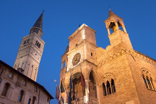 pordenone, town hall and Saint Mark bell tower in the evening
