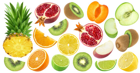 Fototapeta na wymiar Set of various cut fruits isolated on white background