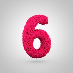 Fototapeta premium Pink sponge number 6 isolated on white background.