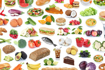 Essen Collage Hintergrund gesunde Ernährung Obst und Gemüse Früchte Food Freisteller