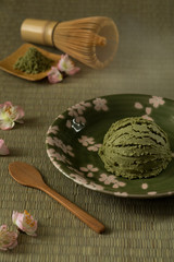 green tea matcha ice cream japanese on tatami decoration style traditional sweet and cold