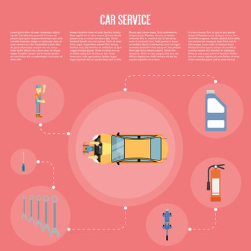Infographics of scene presents workers in car service tire service and car repair vector illustration