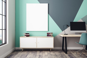 Blank poster in interior with workplace