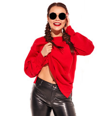 Portrait of young happy smiling woman model with bright makeup and colorful lips with two horns and sunglasses in summer red clothes isolated on white. Going crazy