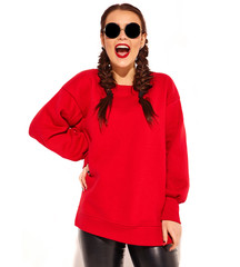 Portrait of young happy smiling woman model with bright makeup and colorful lips with two horns and sunglasses in summer red clothes isolated on white. Going crazy