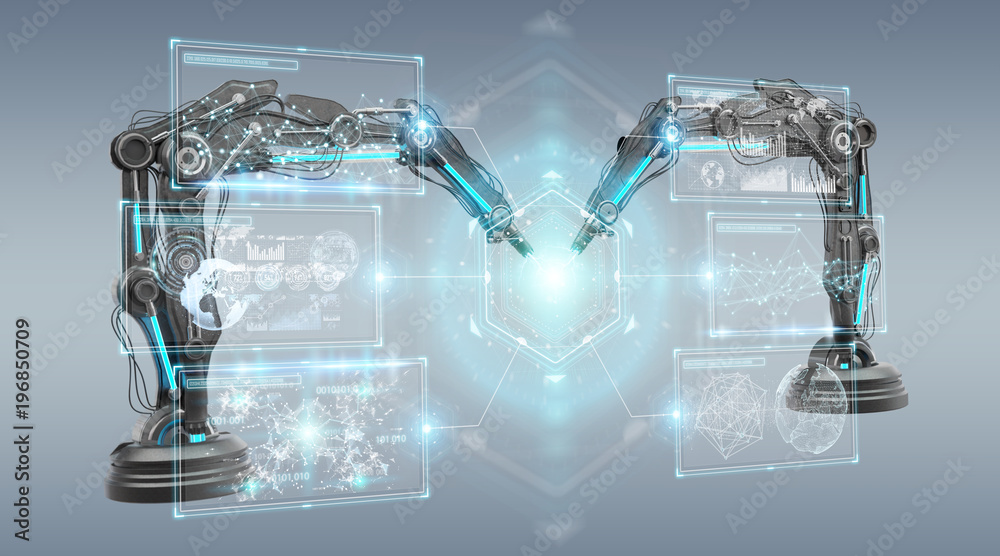 Poster robotics arms with digital screen 3d rendering