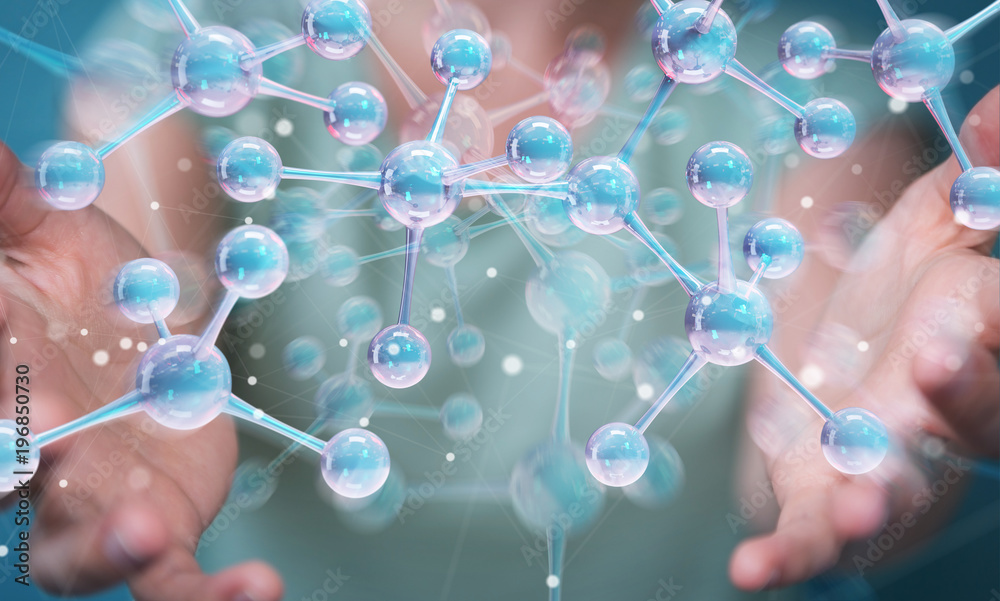 Aufkleber Businesswoman using modern molecule structure 3D rendering
