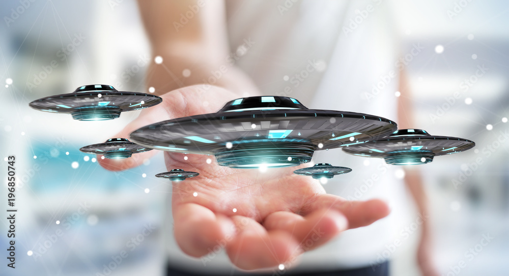 Poster businessman with retro ufo spaceship 3d rendering