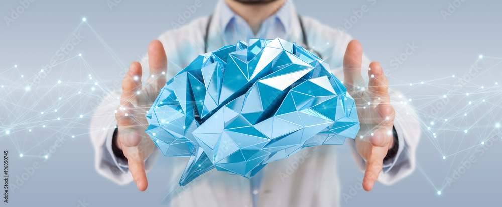 Poster doctor holding digital brain interface 3d rendering