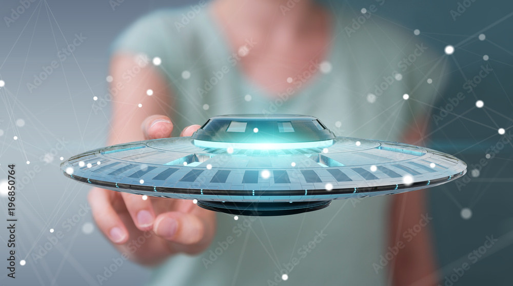 Poster businesswoman with retro ufo spaceship 3d rendering