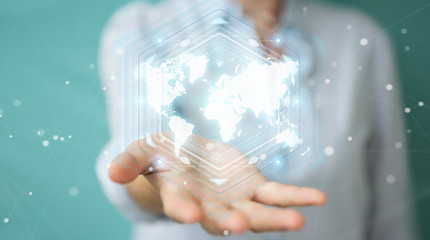 Businesswoman using digital world map interface 3D rendering
