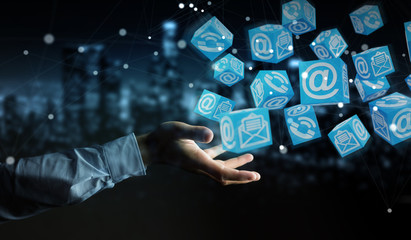 Businessman using floating cube contact 3D rendering