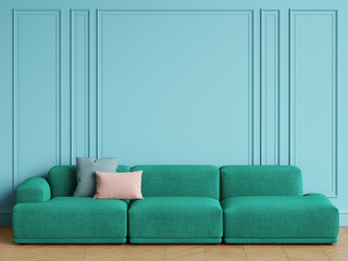 Modern Scandinavian Design emerald green sofa in interior. Blue walls with moldings,floor parquet herringbone.Copy space,mockup interior.Digital illustration.3d rendering