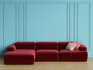 Modern Scandinavian Design red sofa in interior. Blue walls with moldings,floor parquet herringbone.Copy space,mockup interior.Digital illustration.3d rendering