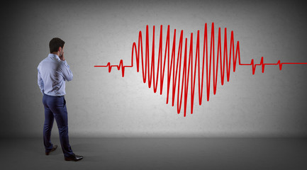 Businessman watching heart beat sketch on a wall 3D rendering