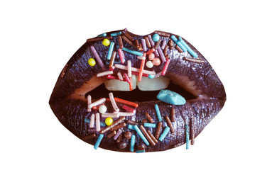 Sweet lips, fashionable dark lipstick, sweets on the lips of a young woman. Lips icon close up isolated on white background. Creative culinary concept.  Sexy woman. Food and diet, sugar ban, delicious