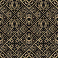 Islamic vector design. Seamless pattern oriental ornament. Black and golden textile print. Floral tiles.