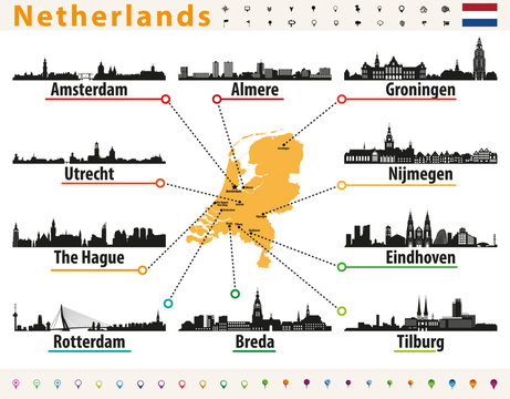 Netherlands map with largest cities skylines silhouettes