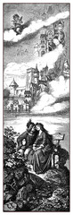 Young lovers sitting embraced, medieval castles and Cupid playing a tune from above, old print