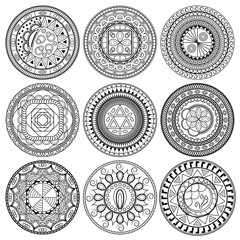 Set of round geometric ornaments. Hand drawn doodle mandalas. Can be used as coloring page or element for decoration