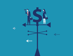 Business team standing on weather vane and searching for success. Concept business partnership vector illustration.