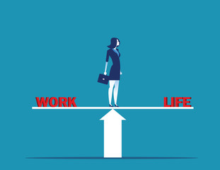 Businesswoman standing on scale in words work and life. Concept business vector illustration.