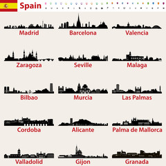 Spain largest cities skylines silhouettes vector set