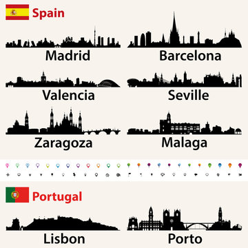 Spain and Portugal largest cities skylines silhouettes vector set