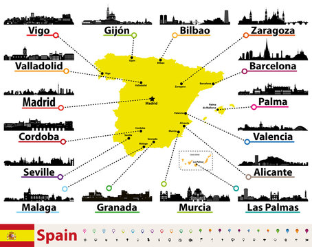 Spain vector map with largest cities skylines silhouettes