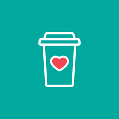 take-out coffee with cap and heart. disposable cardboard cup of coffee. Paper container icon. Isolated