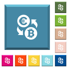 Euro Bitcoin money exchange white icons on edged square buttons