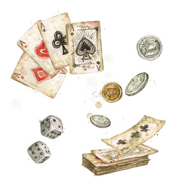 Old Playing Cards. Watercolor Illustration.