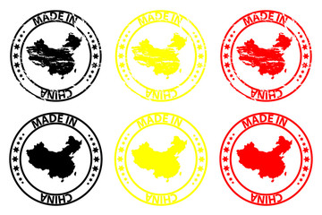 Made in China - rubber stamp - vector, China map pattern - black, yellow and red