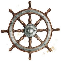 Ship steering wheel. Watercolor Illustration. © nataliahubbert