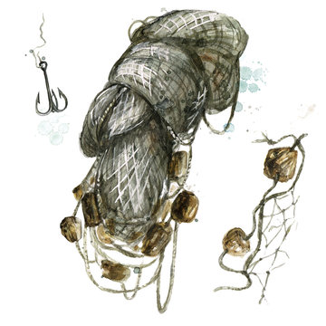 Fishing net. Watercolor Illustration.