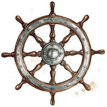 Ship steering wheel. Watercolor Illustration.