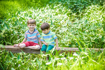 Naklejka na ściany i meble Two cute little boys sitting on a wooden bridge