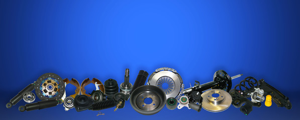 Spare parts car on the blue background set. Many auto parts are located on the edge of the image. OEM parts, auto parts for customer.