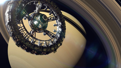 high detail space station in orbit of planet Saturn, space ship mission