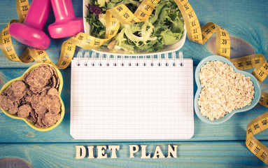 Diet plan, menu or program, tape measure, dumbbells and diet food, weight loss and detox concept.