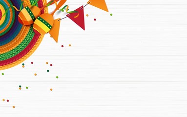 Mexican holiday background. Sombrero, maracas, confetti on white wooden background. Top view. Vector illustration