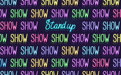 Neon stand up show wall with handwritten text. Poster for standup and openmic. Isolated line art style illustration on brick wall background.