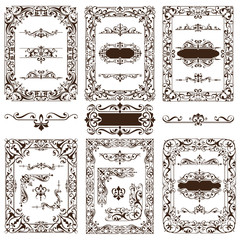 Vintage design elements ornaments frame corners curbs retro stickers and damask vector set illustration white background
