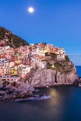Fototapeta na wymiar Manarola at twilight. Cinque Terre. It is the second smallest town of the famous Cinque Terre towns. Liguria, Italy.