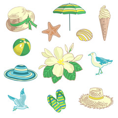 Summer and beach symbols vector set in cartoon style
