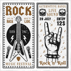 Fototapeta premium Rock music festival two vertical banners or invitation flyers vector templates with guitar and horns hand gesture. Layered, separate grunge texture and text