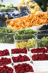 Farmers market. Fresh fruits, herbs and mushrooms. 