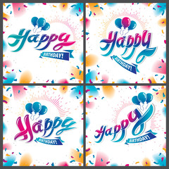 Happy Birthday beautiful greeting cards vector designs set. Includes beautiful lettering and cupcake composition placed over flying colorful confetti background.